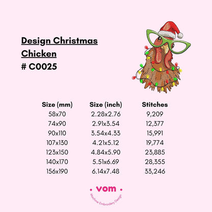 Christmas Chicken Embroidery Design - Santa Hat and Festive Lights Pattern - Digital File for Machine Embroidery - 7 Sizes
