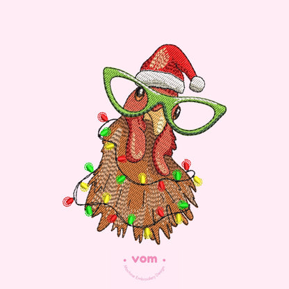 Christmas Chicken Embroidery Design - Santa Hat and Festive Lights Pattern - Digital File for Machine Embroidery - 7 Sizes
