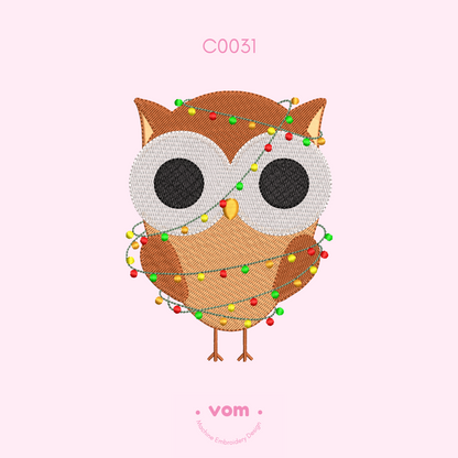 Christmas Owl Embroidery Design - Woodland Animals - Festive Lights Pattern - Digital File for Machine Embroidery - 7 Sizes