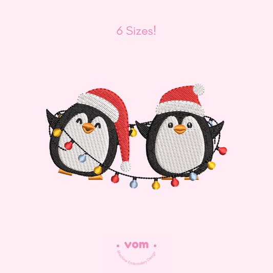 Christmas Penguins Embroidery Design – Adorable Holiday Pattern with Santa Hats & Lights
