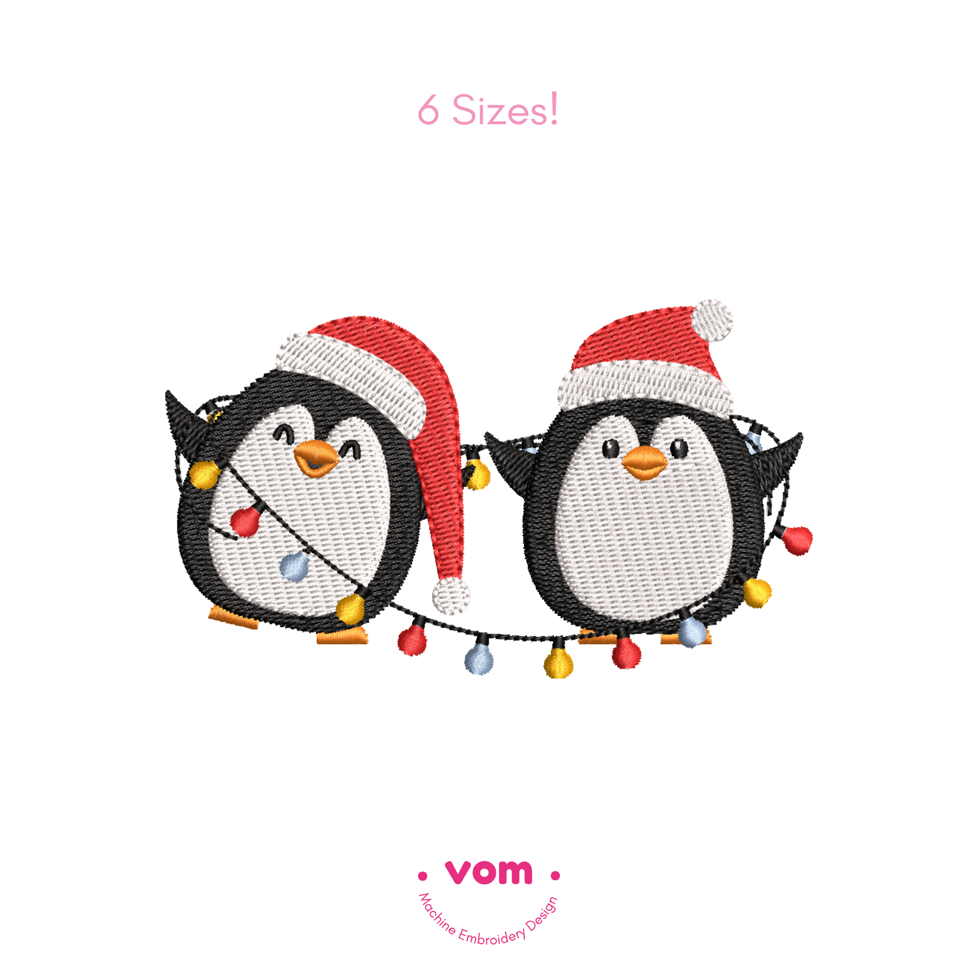Christmas Penguins Embroidery Design – Adorable Holiday Pattern with Santa Hats & Lights