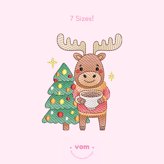 Christmas Reindeer Embroidery Design | Cute Holiday Moose Holding Cocoa – Festive Machine Embroidery Pattern