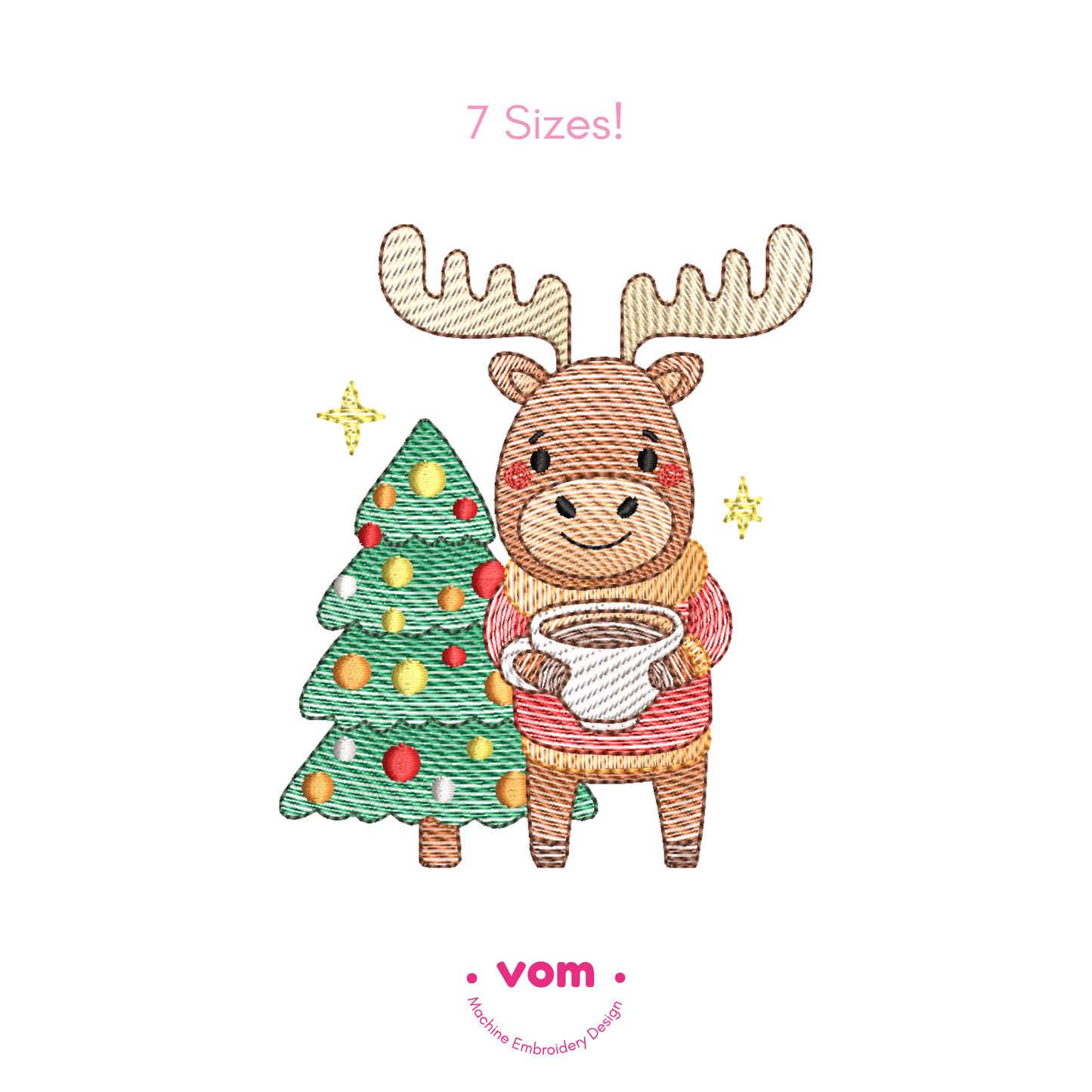 Christmas Reindeer Embroidery Design | Cute Holiday Moose Holding Cocoa – Festive Machine Embroidery Pattern