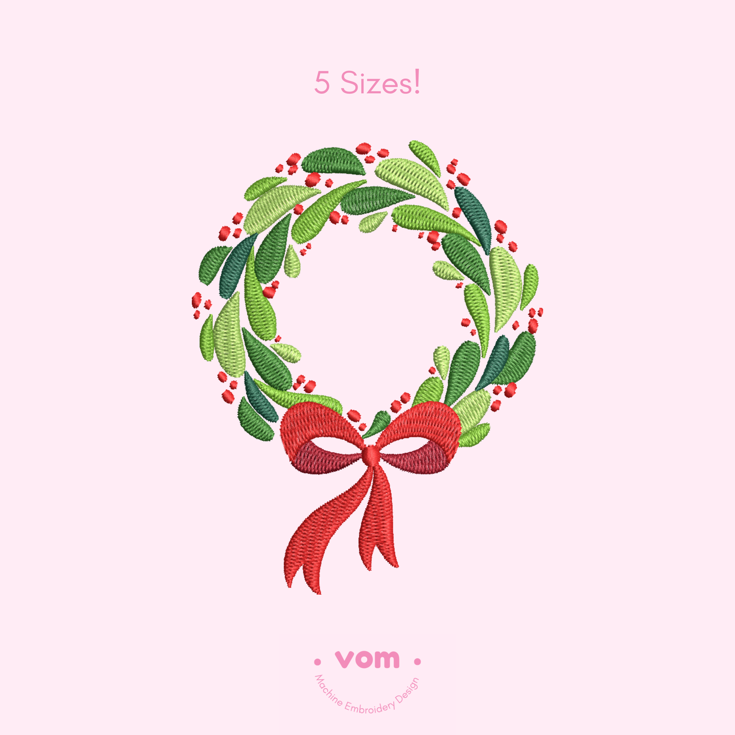 Christmas Wreath Machine Embroidery Design – Festive Holly & Red Ribbon