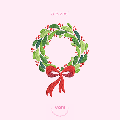 Christmas Wreath Machine Embroidery Design – Festive Holly & Red Ribbon