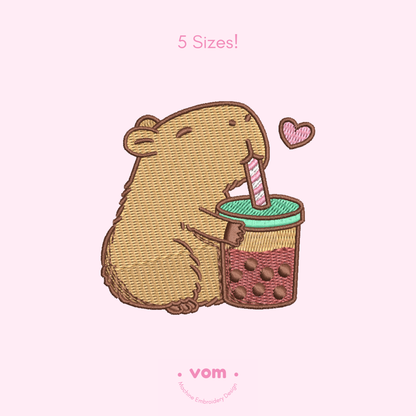 Capybara Embroidery File - Cute Capybara Bubble Tea Embroidery Design