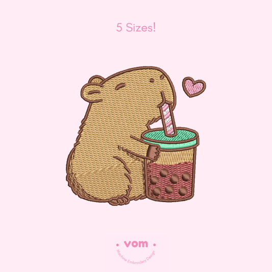 Capybara Embroidery File - Cute Capybara Bubble Tea Embroidery Design