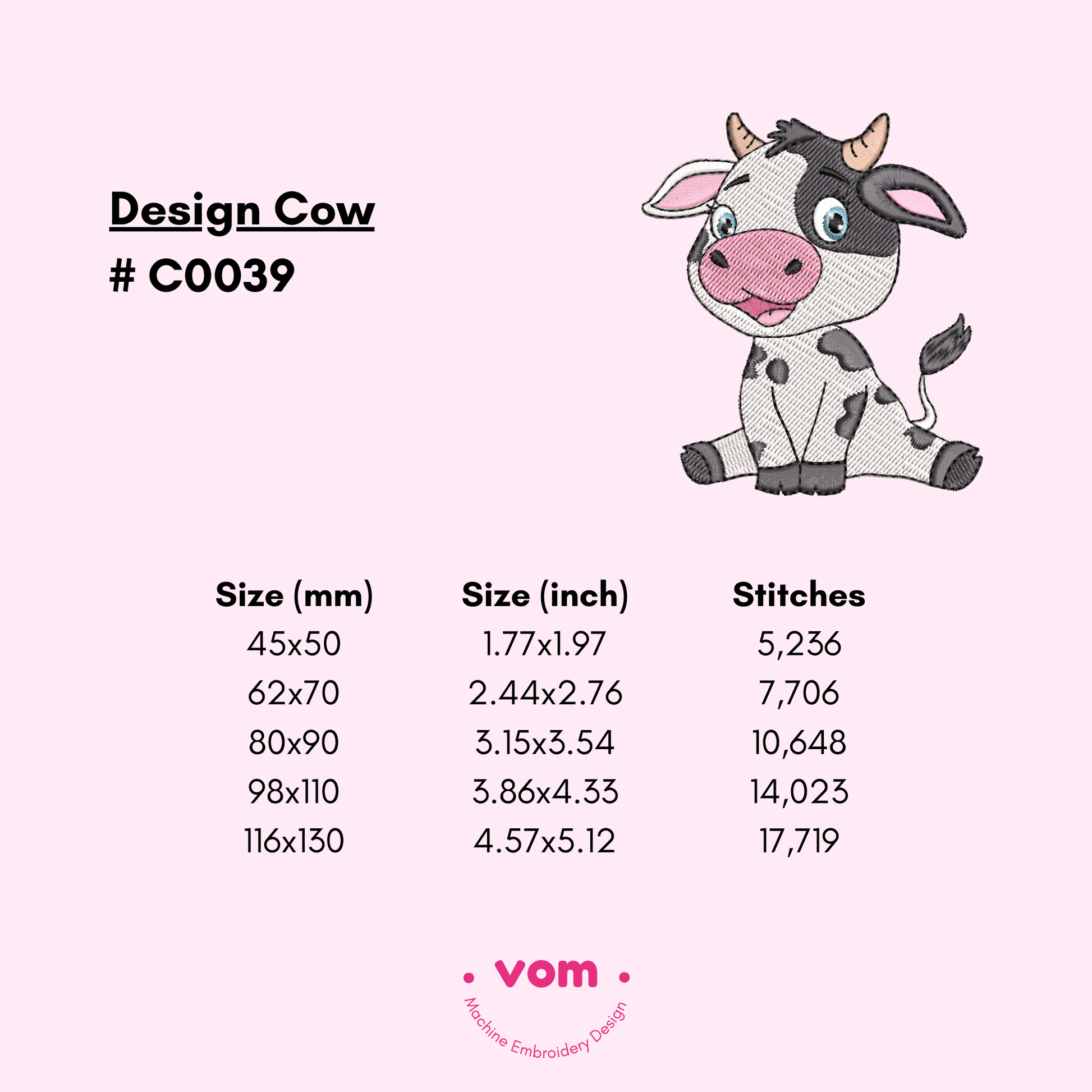 Cute Cow Embroidery File - Machine Embroidery Design - 5 sizes - Instant Download