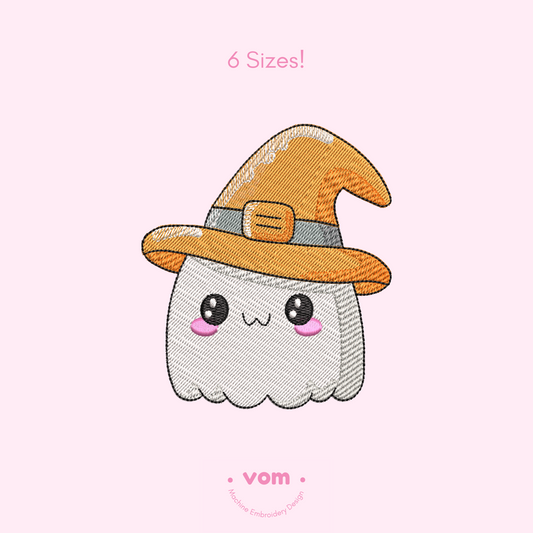 Cute Ghost with Witch Hat Embroidery Design - Embroidery Pattern - Halloween Fun - 6 Sizes