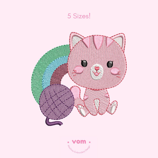 Cute Kitten & Rainbow Embroidery Design - Adorable Pastel Cat with Yarn Ball - Digital Pattern for Embroidery Machine  - 5 Sizes