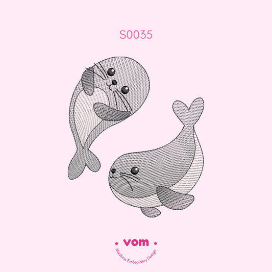 Cute Rippled Seal Duo Embroidery Design - Baby Animal Pattern for Machine Embroidery - 7 Sizes