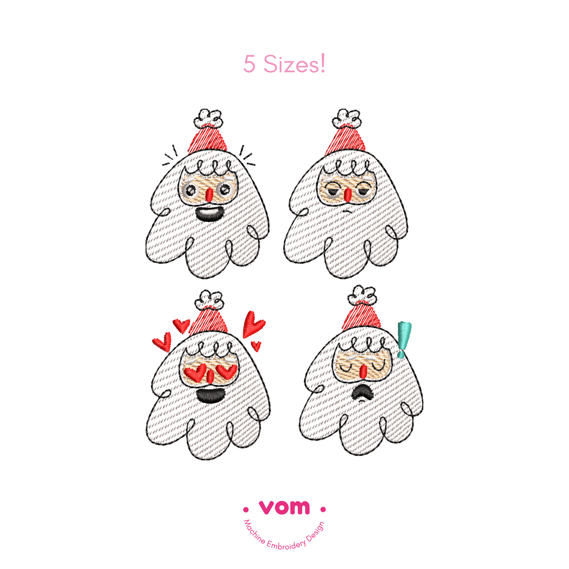 Cute Santa Faces Embroidery Design – Christmas Emotions Set (5 Sizes)