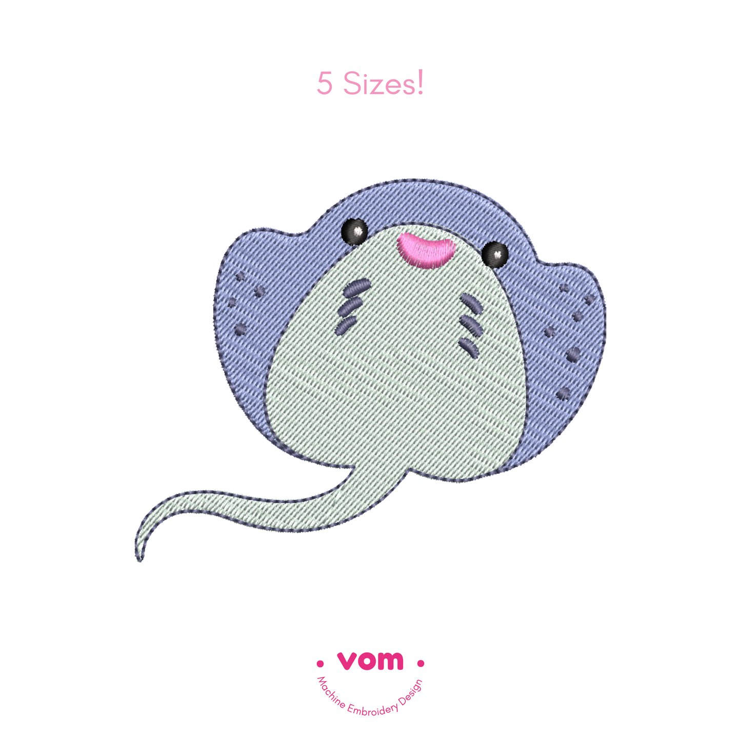 Cute Stingray Embroidery Design – Ocean Animal Pattern in 5 Sizes