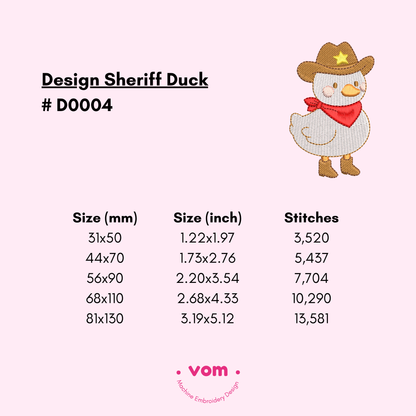 Sheriff Duck Embroidery Design - Western Baby Farm Animal - 5 Sizes