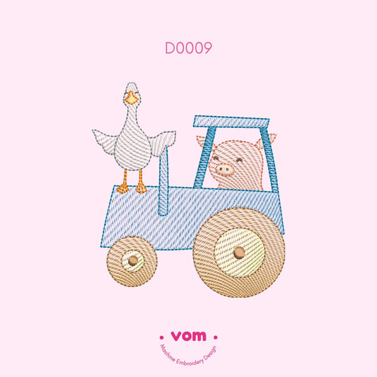 Duck and Pig on a Tractor Embroidery Design - Cute Farm Animal - Rippled Stitch Pattern for Baby Clothing and Nursery Decor - 7 Sizes