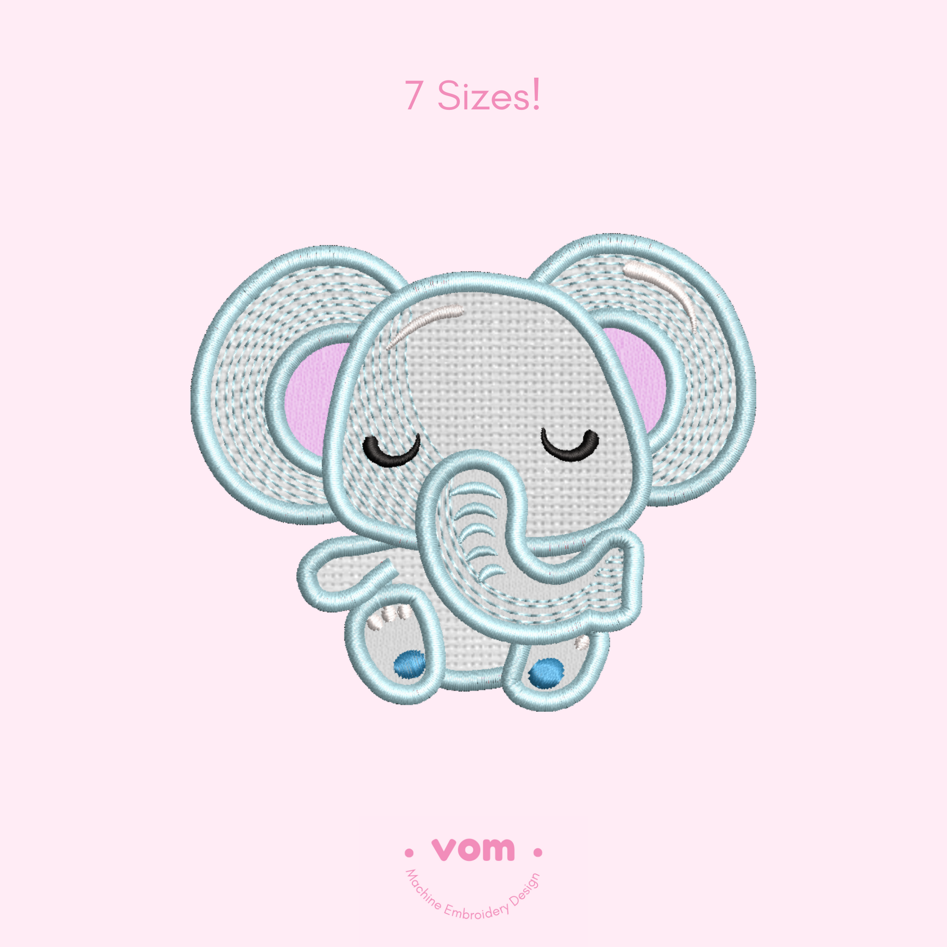 Sweet sleeping elephant applique embroidery design – perfect for baby projects! Includes 7 sizes in your selected format. Instant digital download.