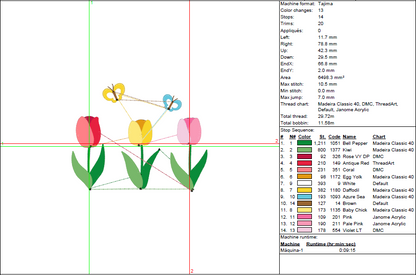 Tulip Flowers & Butterflies Embroidery Design – Spring Floral Pattern - 5 Sizes