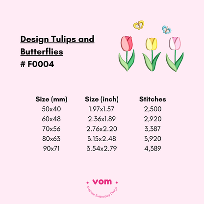 Tulip Flowers & Butterflies Embroidery Design – Spring Floral Pattern - 5 Sizes