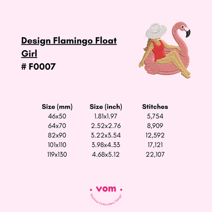 Flamingo Float Girl Embroidery Design - Summer Poolside Pattern - 5 Sizes