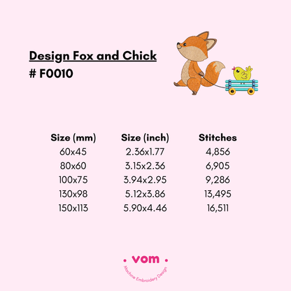 Playful Fox & Chick Embroidery Design - Cute Wagon Pattern - 5 Sizes