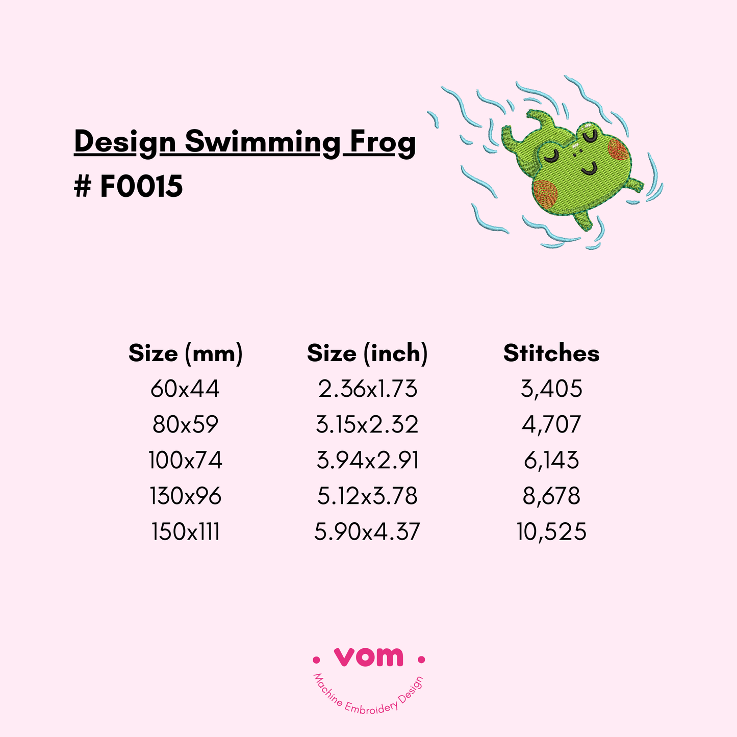 Swimming Frog Embroidery Design – Cute Baby Animal Pattern in 5 Sizes