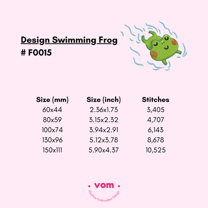 Swimming Frog Embroidery Design – Cute Baby Animal Pattern in 5 Sizes