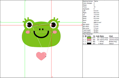 Frog Head Embroidery Design – Cute Baby Pattern with Heart in 6 Sizes
