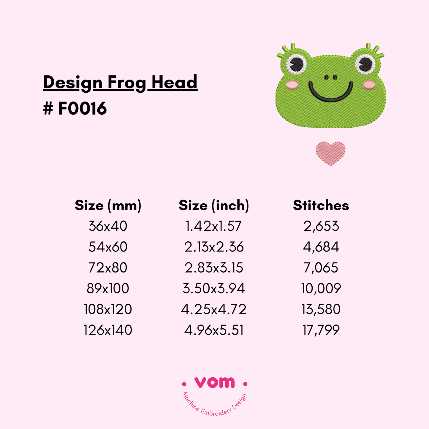 Frog Head Embroidery Design – Cute Baby Pattern with Heart in 6 Sizes