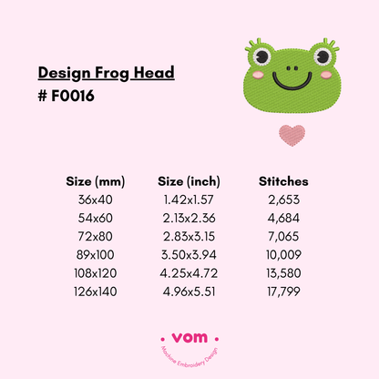 Frog Head Embroidery Design – Cute Baby Pattern with Heart in 6 Sizes