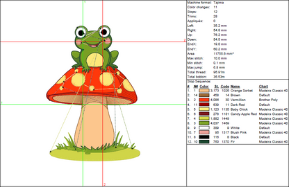 Frog on Mushroom Embroidery Design - 5 Sizes