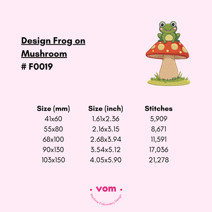 Frog on Mushroom Embroidery Design - 5 Sizes