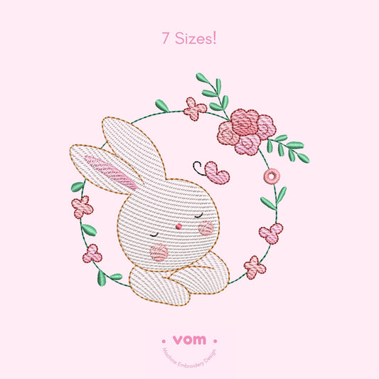 Adorable floral bunny embroidery design – includes 7 sizes. Perfect for baby clothes, kids' projects, and spring-themed creations. Digital file for machine embroidery in your chosen format.