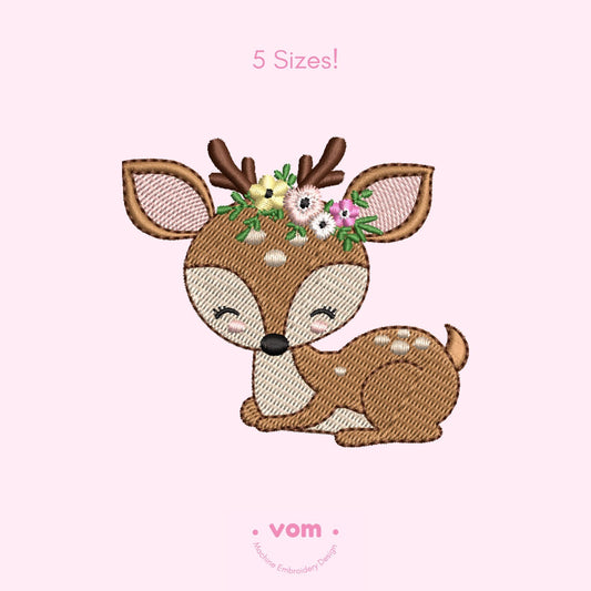 Floral Fawn Embroidery Design - Cute Baby Deer with Flowers - Woodland Animal Pattern - Embroidery Machine File - 5 Sizes
