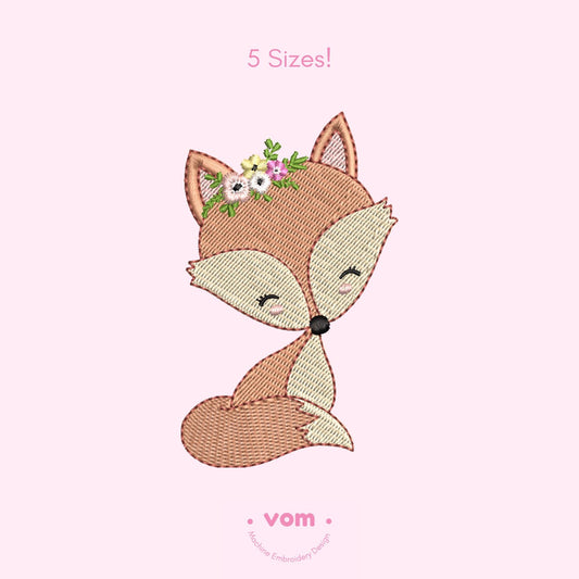 Floral Fox Embroidery Design - Cute Baby Fox with Flowers - Woodland Animal Pattern for Baby & Kids - Embroidery Machine File - 5 Sizes