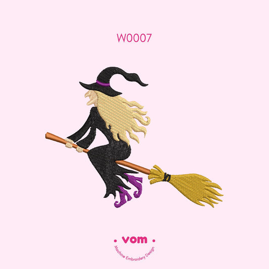 Flying Witch on Broomstick Machine Embroidery Design - 7 Sizes
