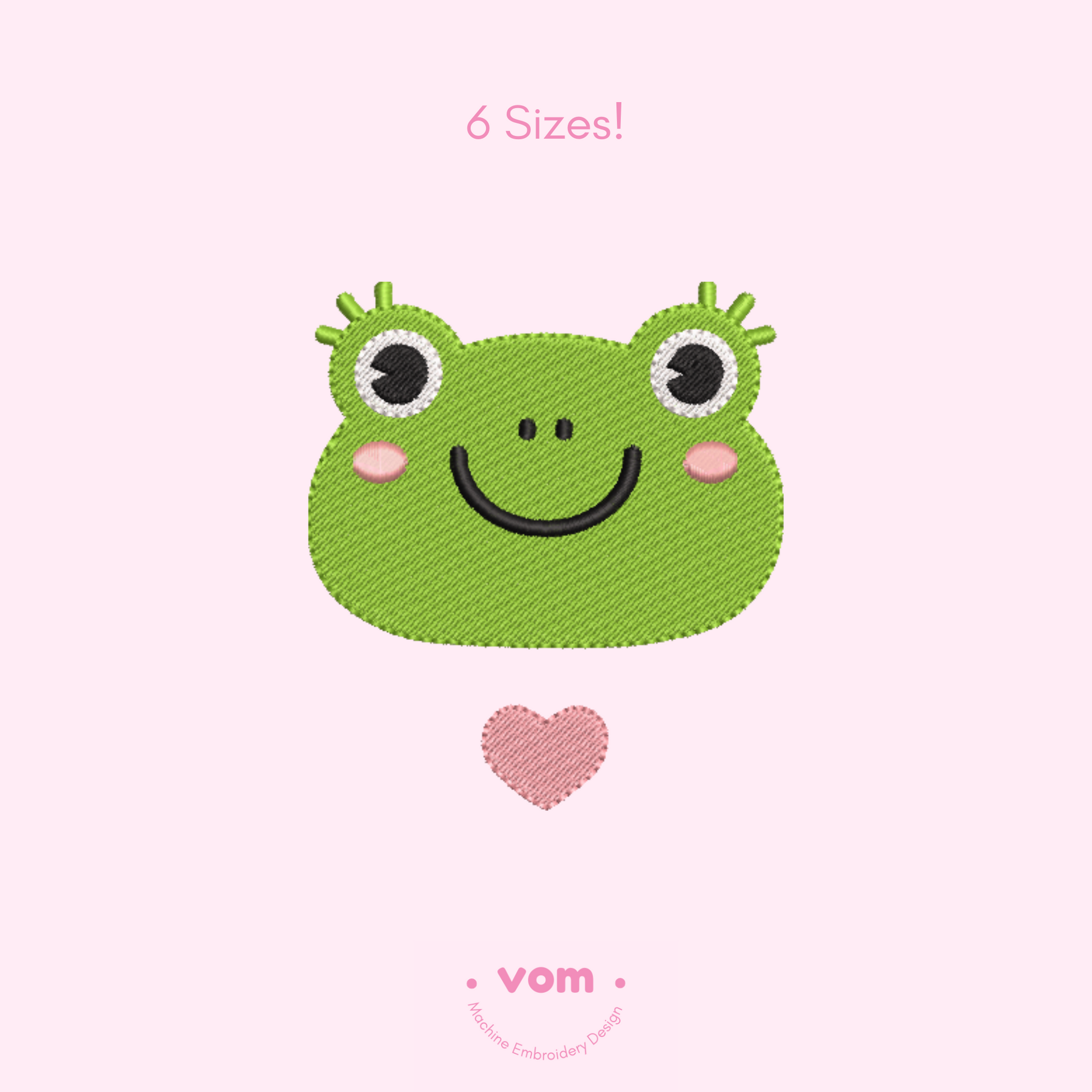 Frog Face embroidery design 🐸💕 with heart, in 6 sizes. Perfect for baby clothes, nursery decor & kids’ gifts. Instant digital download.