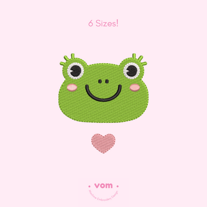 Frog Face embroidery design 🐸💕 with heart, in 6 sizes. Perfect for baby clothes, nursery decor & kids’ gifts. Instant digital download.