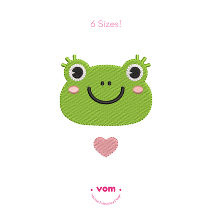 Frog Face embroidery design 🐸💕 with heart, in 6 sizes. Perfect for baby clothes, nursery decor & kids’ gifts. Instant digital download.