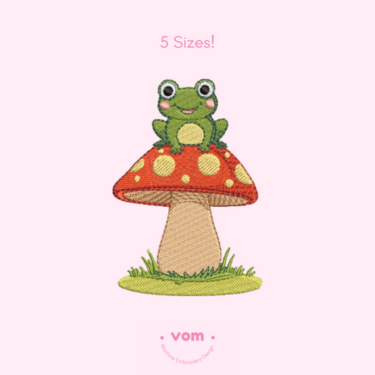 Frog on Mushroom Embroidery Design - Cute Toadstool Pattern for Baby & Kids Projects - 5 Sizes