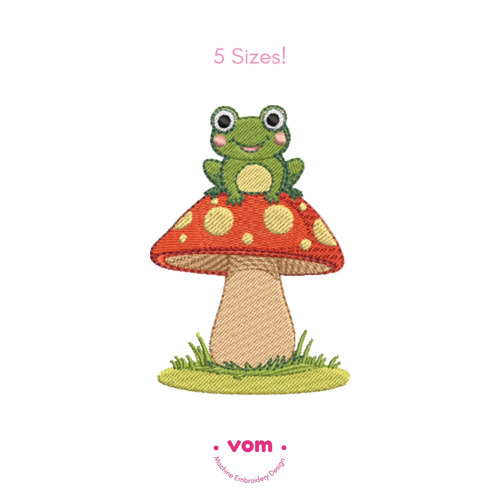 Frog on Mushroom Embroidery Design - Cute Toadstool Pattern for Baby & Kids Projects - 5 Sizes