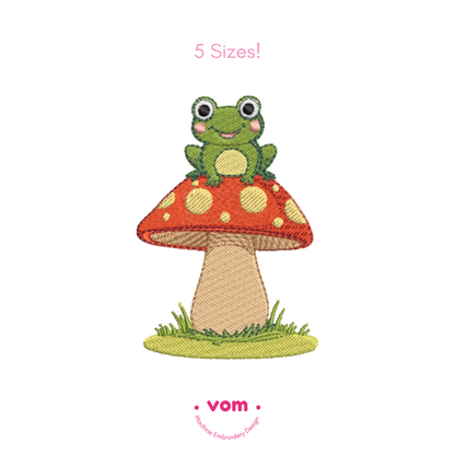 Frog on Mushroom Embroidery Design - Cute Toadstool Pattern for Baby & Kids Projects - 5 Sizes