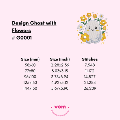 Floral Ghost Embroidery Design - Cute Halloween Spirit with Flowers - 5 Sizes