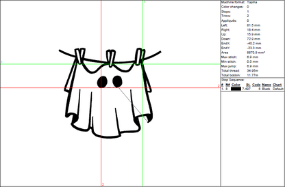 Halloween Ghost on a Clothesline Embroidery Design - 5 Sizes