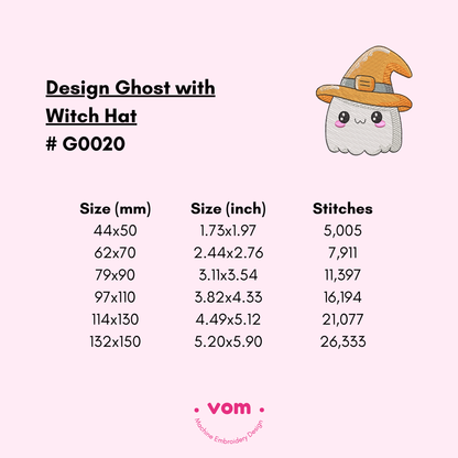 Cute Ghost with Witch Hat Embroidery Design - Halloween Fun - 6 Sizes
