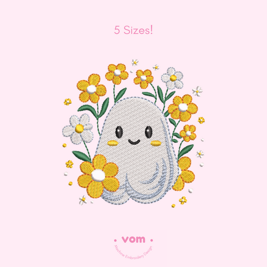 Floral Ghost Embroidery Design - Cute Halloween Spirit with Flowers - 5 Sizes