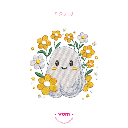 Floral Ghost Embroidery Design - Cute Halloween Spirit with Flowers - 5 Sizes