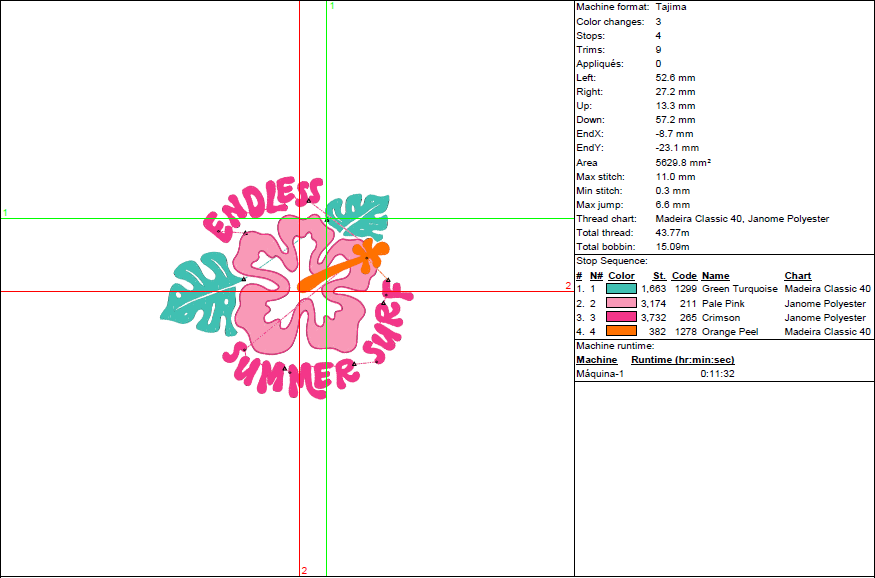 Hibiscus Surf Embroidery Design - Tropical Summer Vibes in 5 Sizes