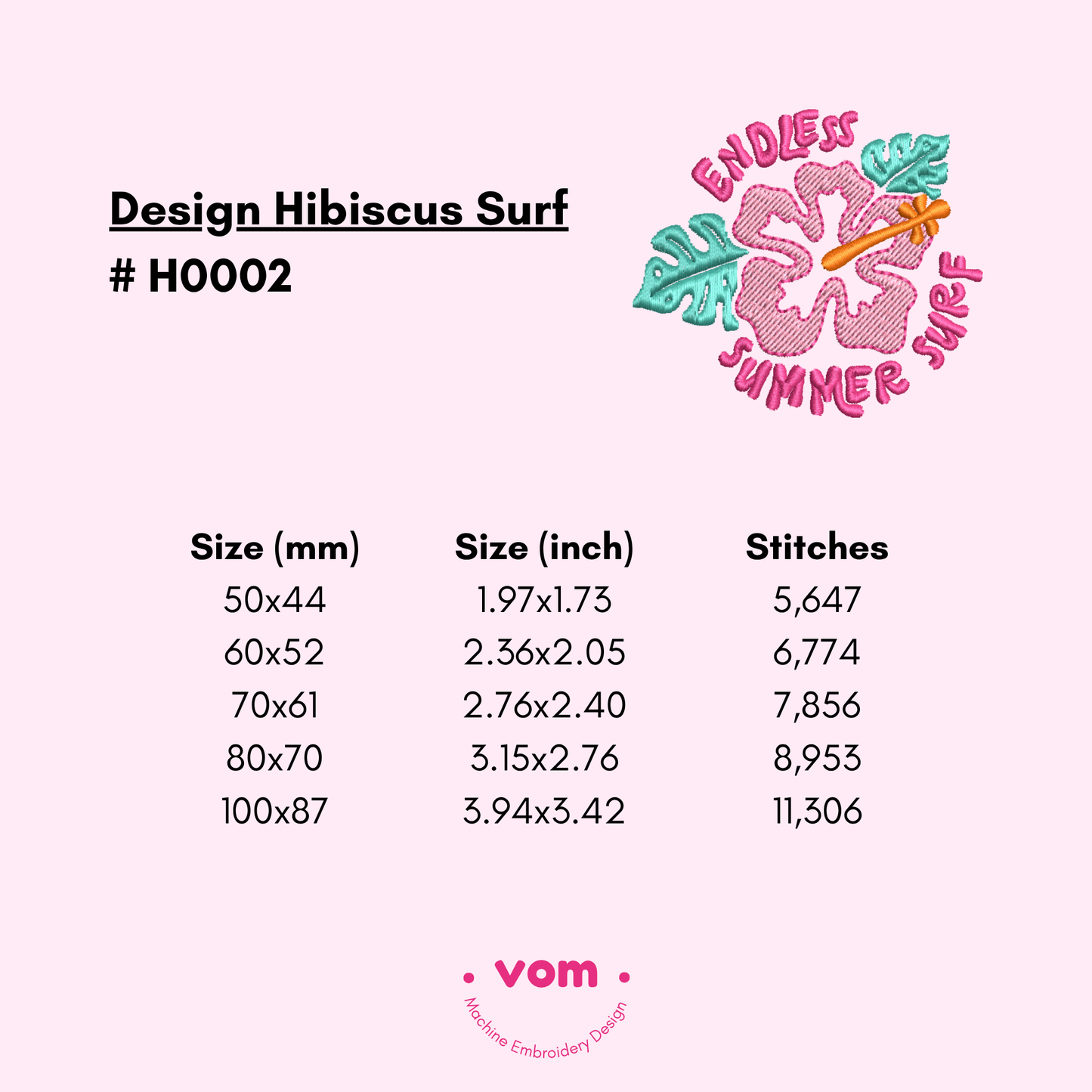Hibiscus Surf Embroidery Design - Tropical Summer Vibes in 5 Sizes
