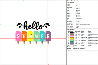 Hello Summer Embroidery Design - Colorful Popsicles for Sunny Days - 5 Sizes