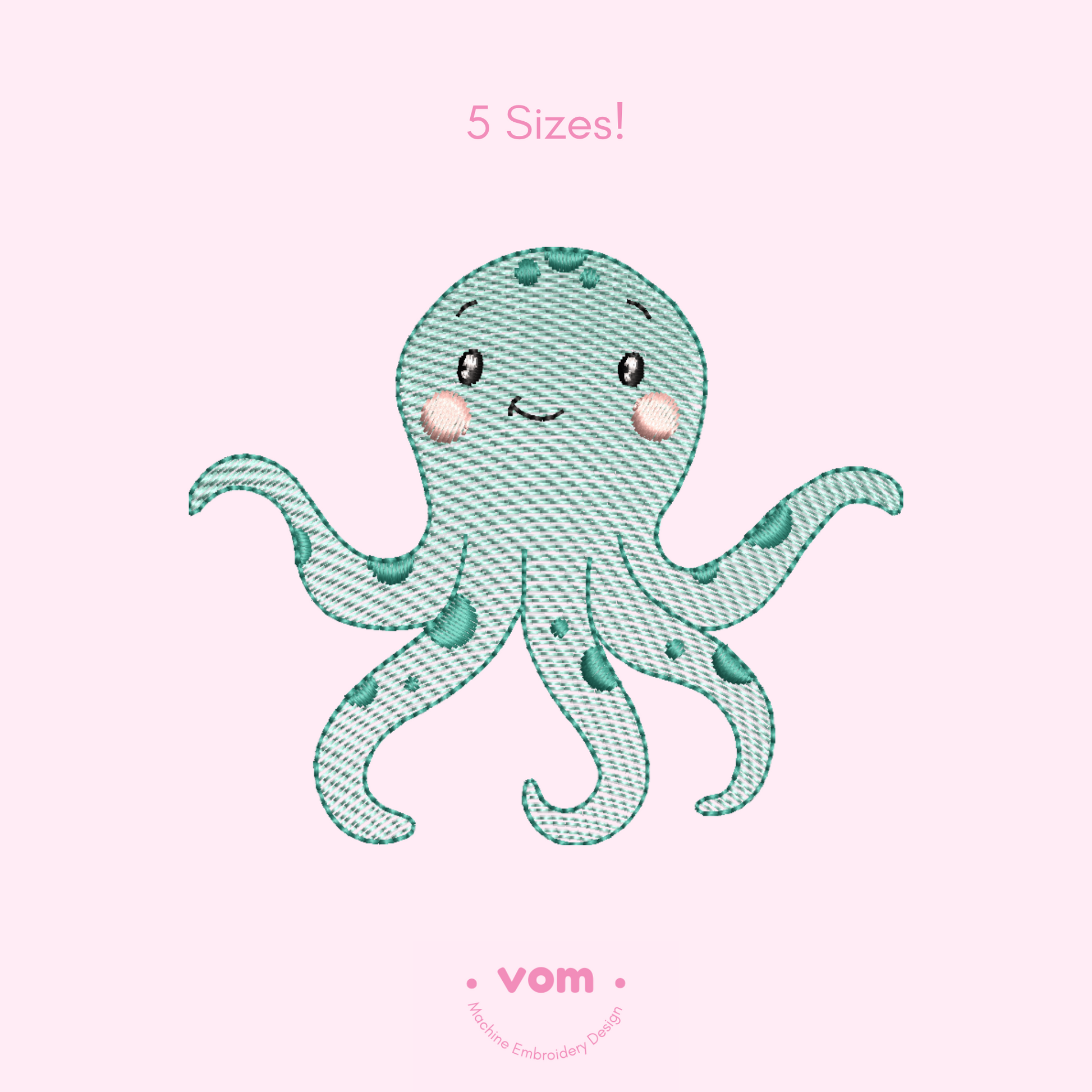 Happy Octopus Rippled Embroidery Design – Lightweight Sea Creature in 5 Sizes

